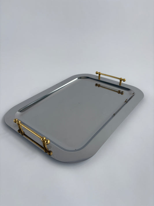 Large silver serving tray with gold handles