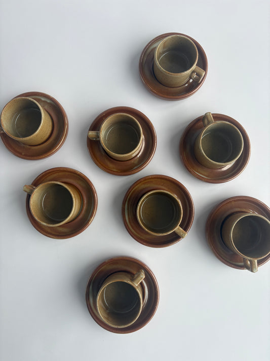 Set of 8 earthy stoneware cups with matching plates