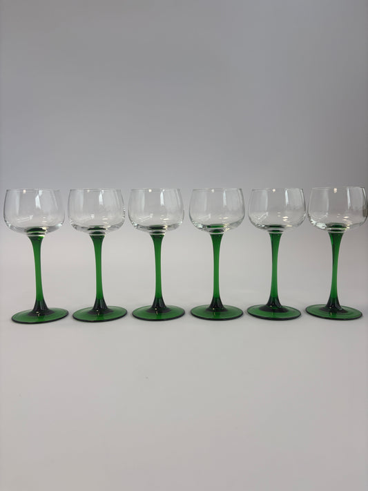 Set of 6 vintage Alsace wine glasses with green stems