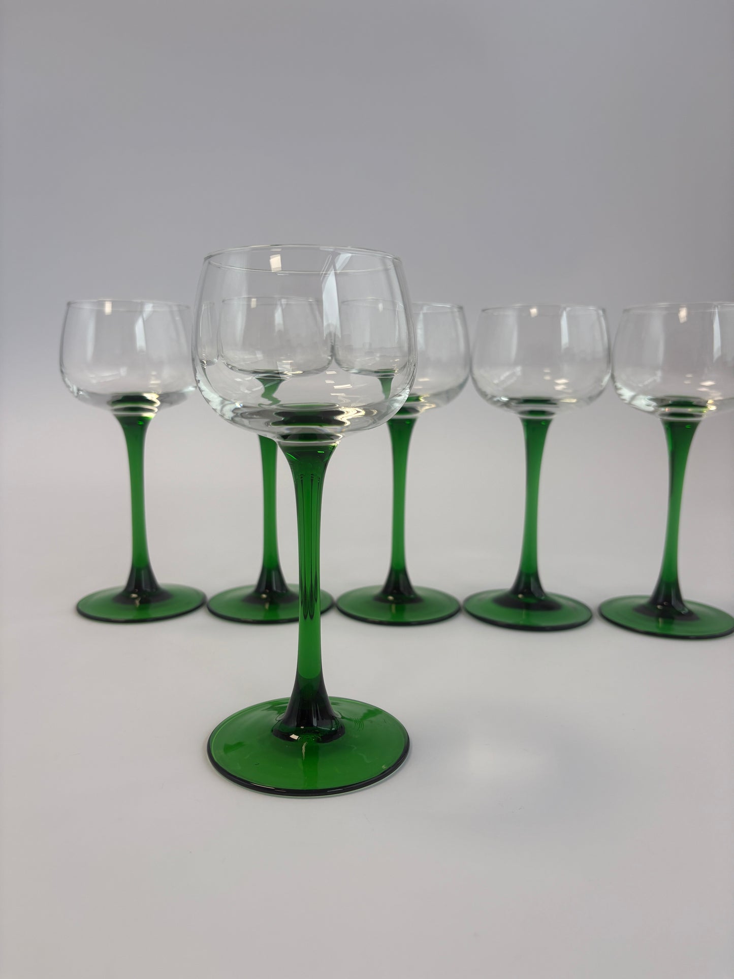 Set of 6 vintage Alsace wine glasses with green stems