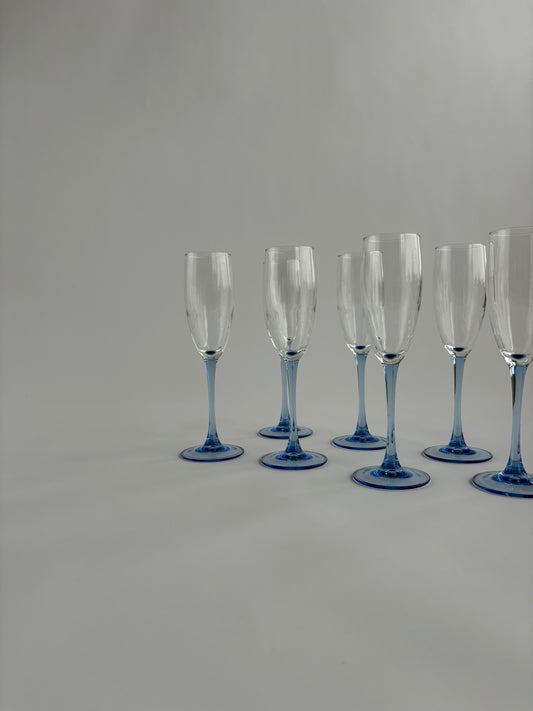 Set of 7 champagne glasses with blue stem