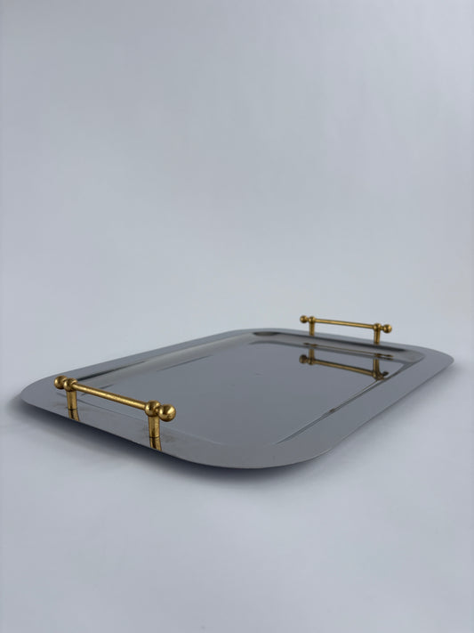 Large silver serving tray with gold handles