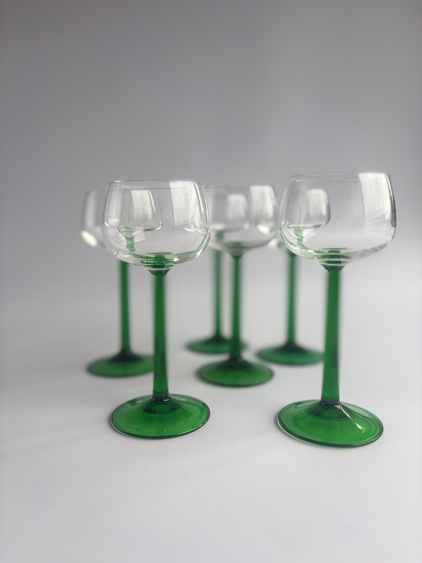 Set of 6 vintage Alsace wine glasses with green stems