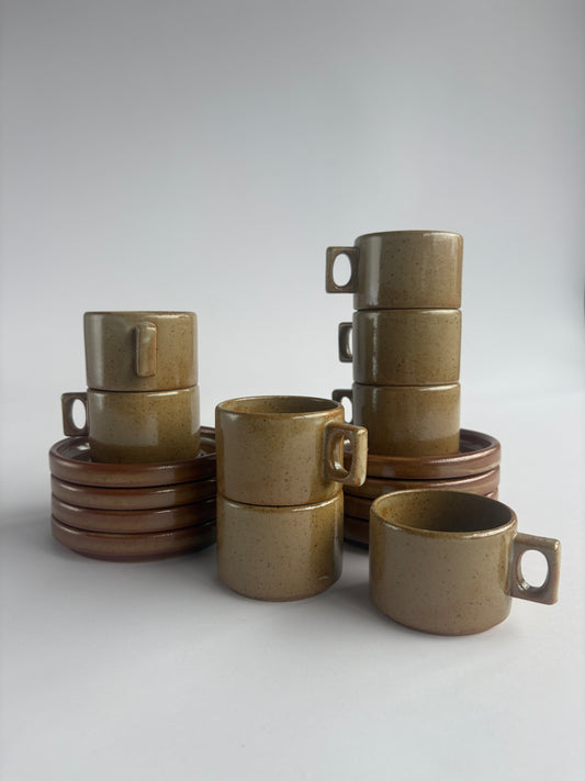 Set of 8 earthy stoneware cups with matching plates