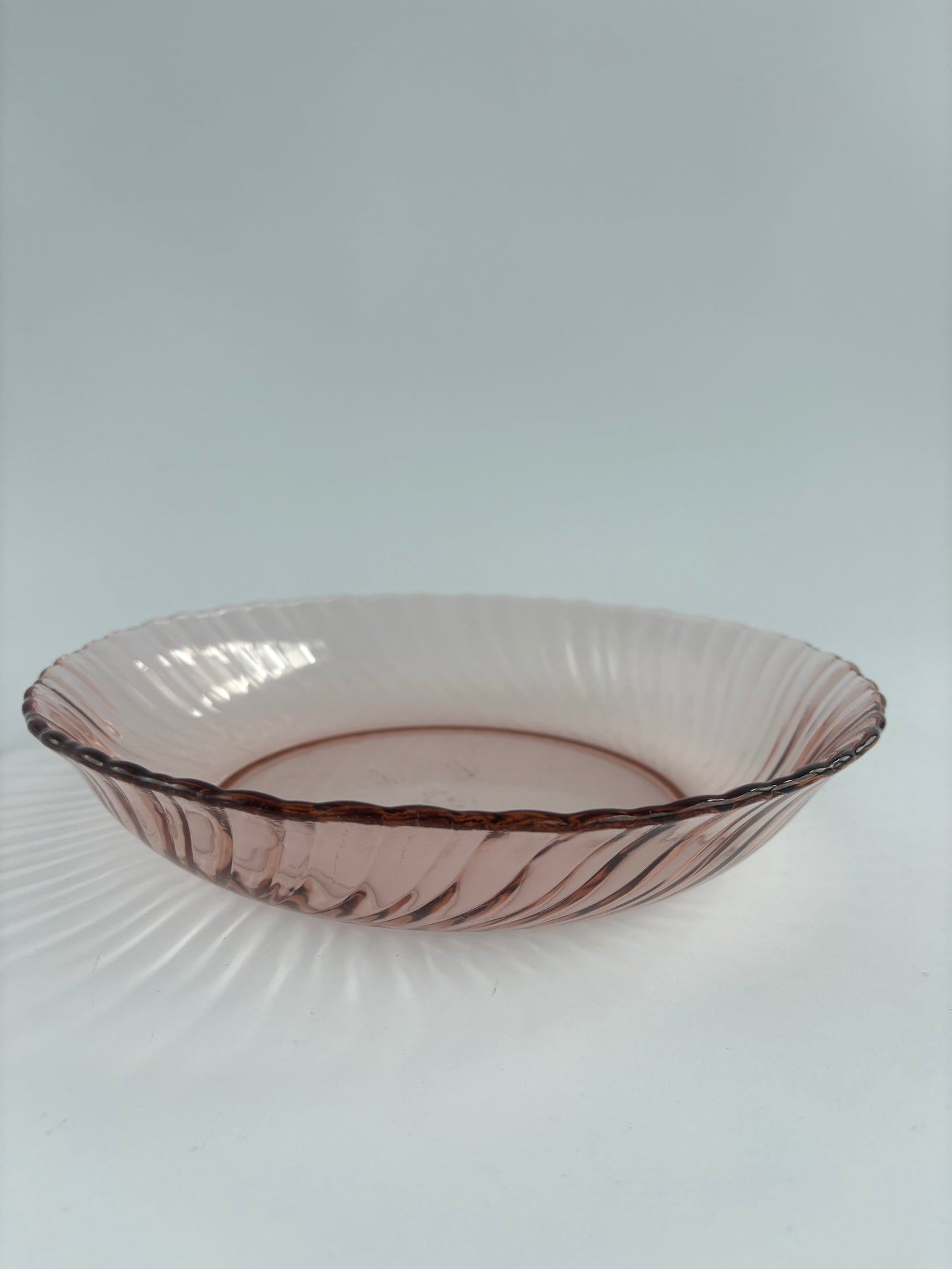 Large deep bowl, pink ribbed glass
