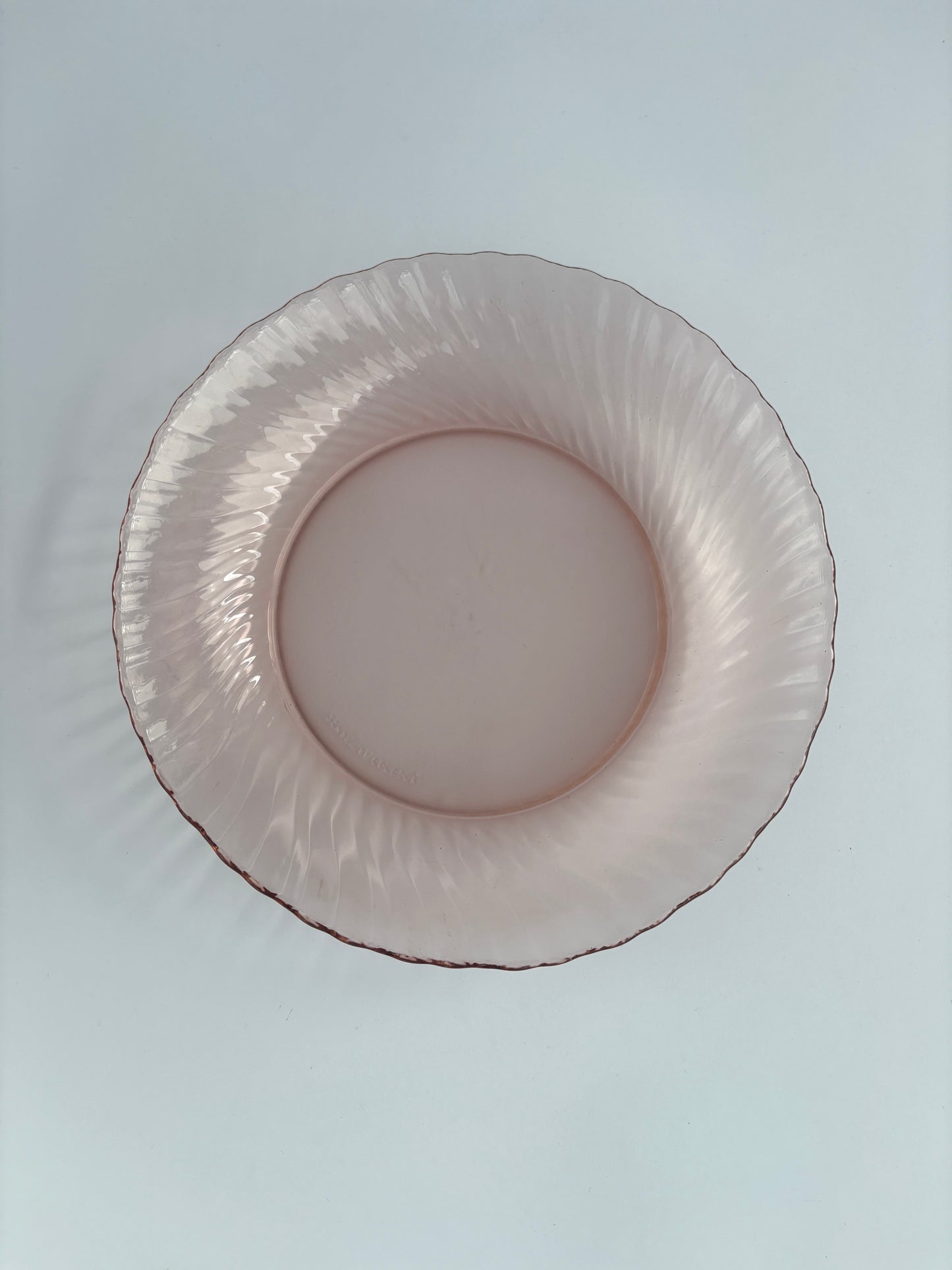 Large deep bowl, pink ribbed glass