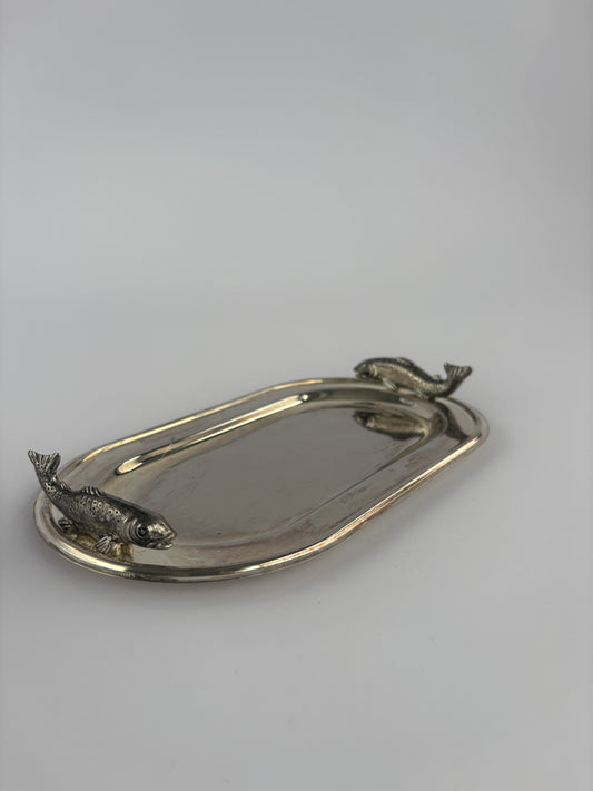 Small silver serving tray with fish decoration