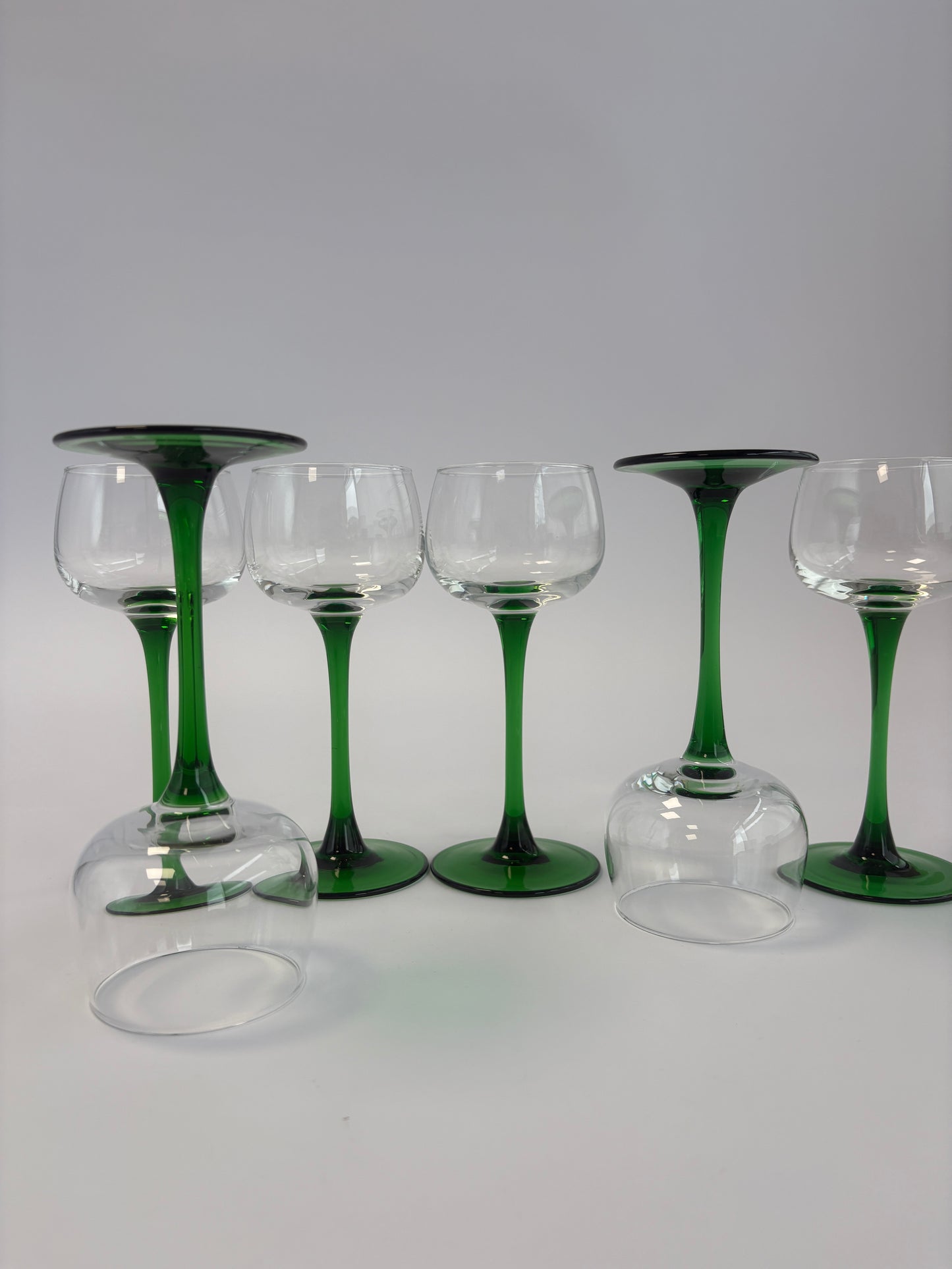 Set of 6 vintage Alsace wine glasses with green stems