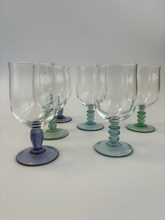 Set of 6 wine glasses with colored stems